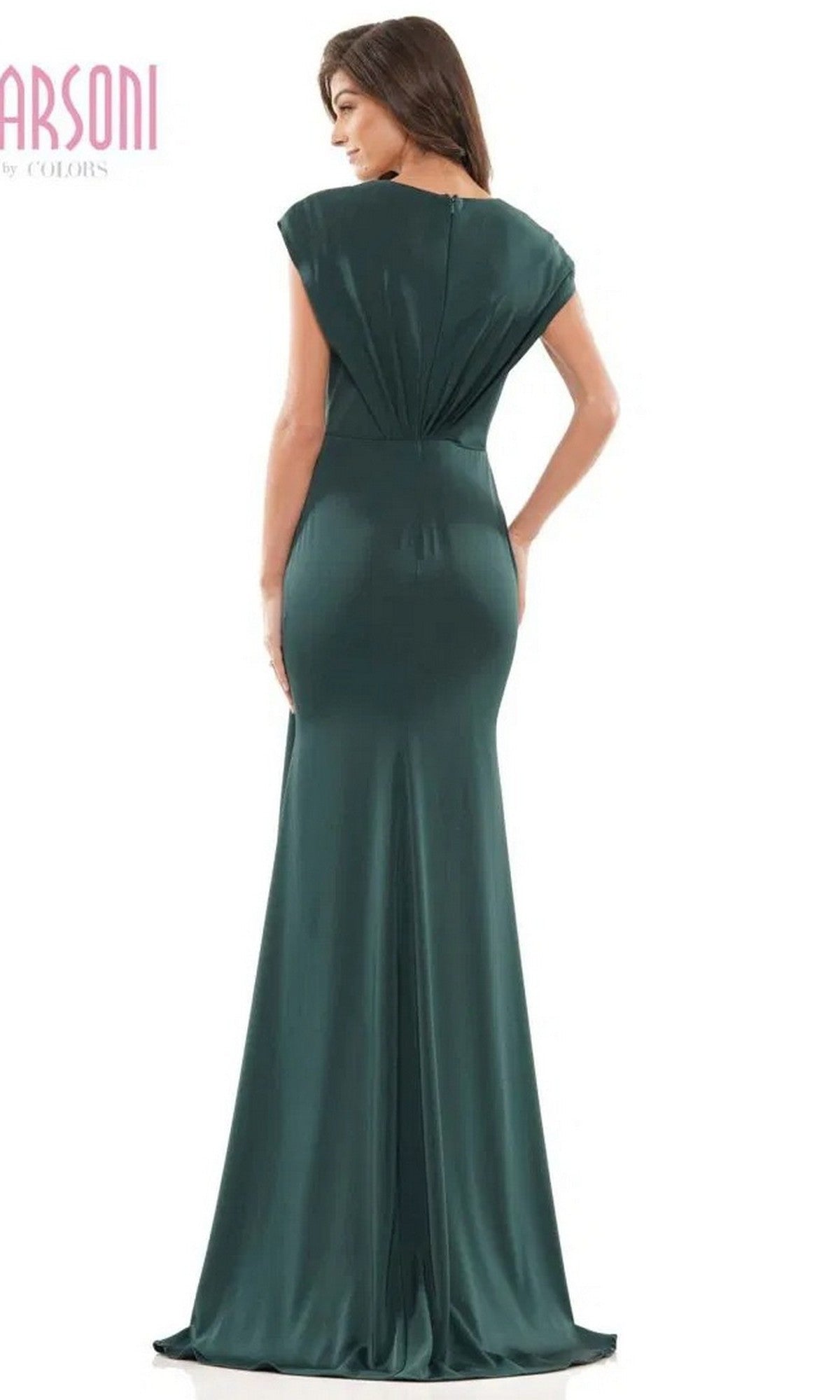 A woman is shown from the back wearing the Marsoni MV1226 Long Formal Dress in dark green stretch faille, standing on a white background.